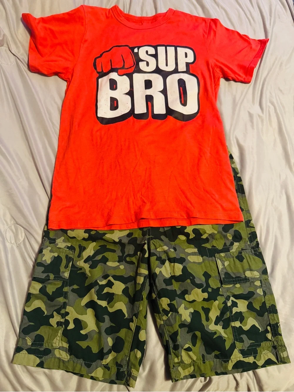 LIKE NEW The Children's Place Orange Graphic Tee with Green Camo Cargo Short